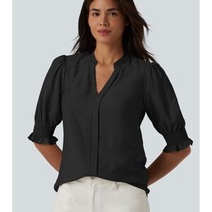 Halara Women Black V Neck‎ Puff Short Sleeve Casual Blouse Smocked Ruffle Top